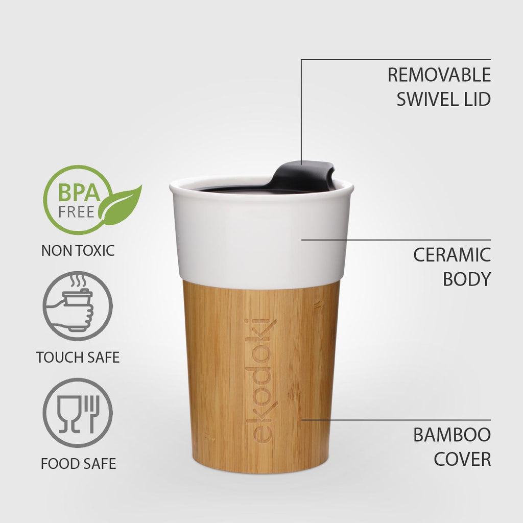 photograph of the outside of the MOKKA mug from eKodoKi, overlaid with a list of its key features and benefits