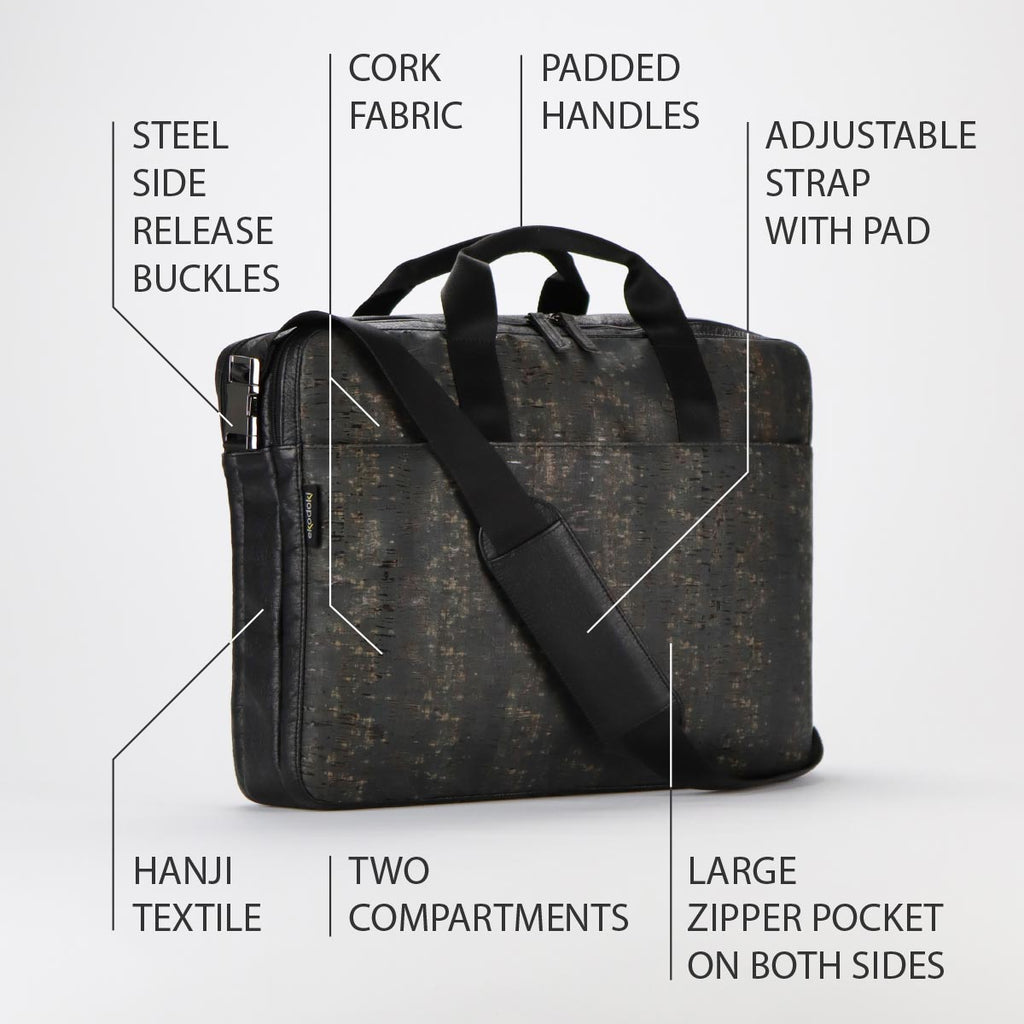 photograph of the outside of a black washed briefcase size L from the KWORK collection by eKodoKi, overlaid with a list of its key features