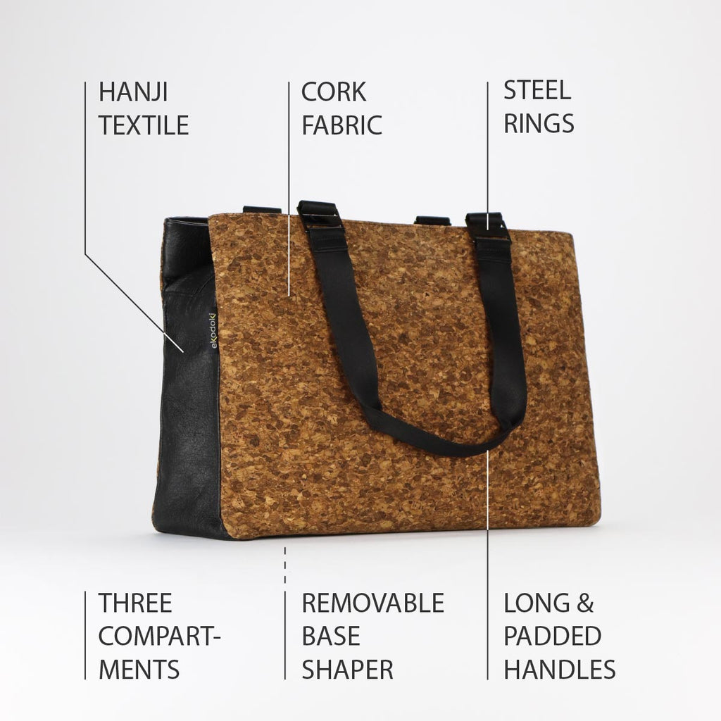 photograph of the outside of a sienna flocked shoulder bag size L from the KWORK collection by eKodoKi, overlaid with a list of its key features