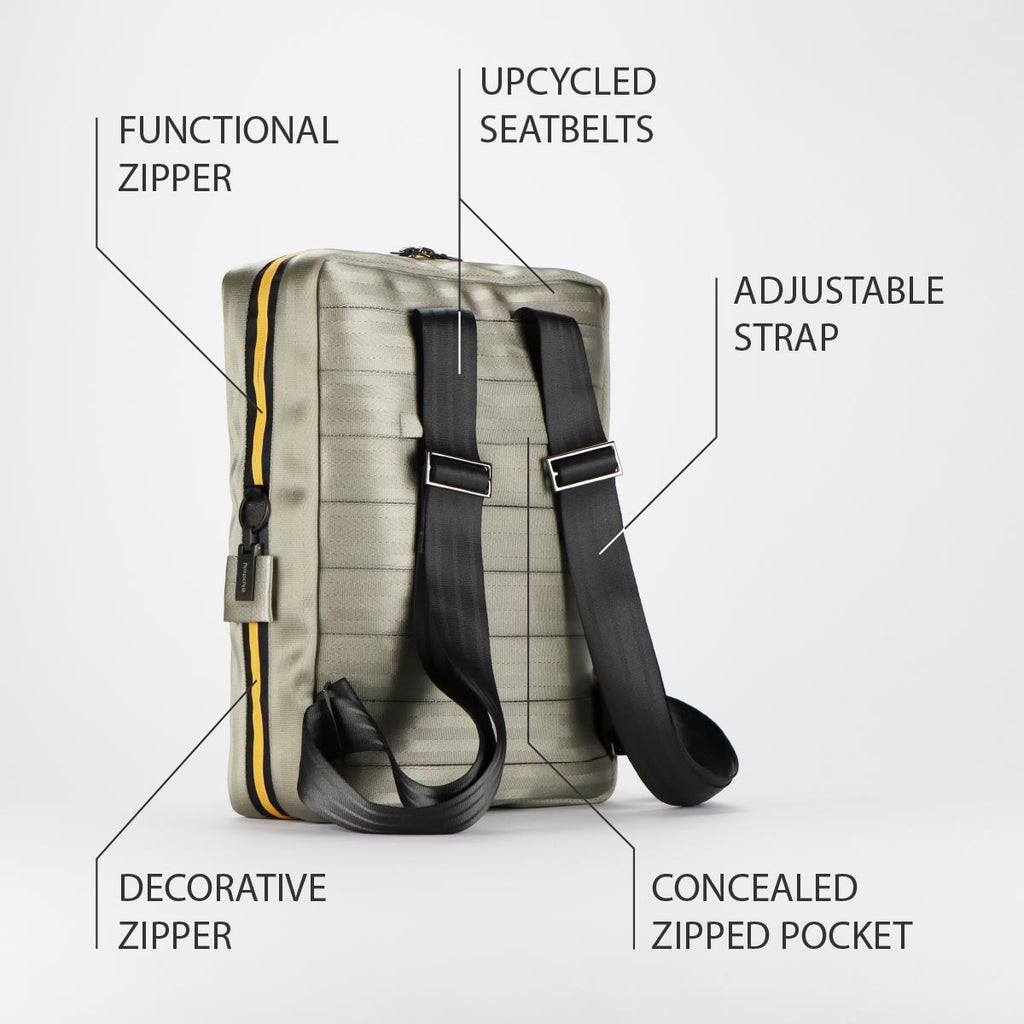 photograph of the outside of a silver backpack size L from the RE-BELT collection by eKodoKi, overlaid with a list of its key features