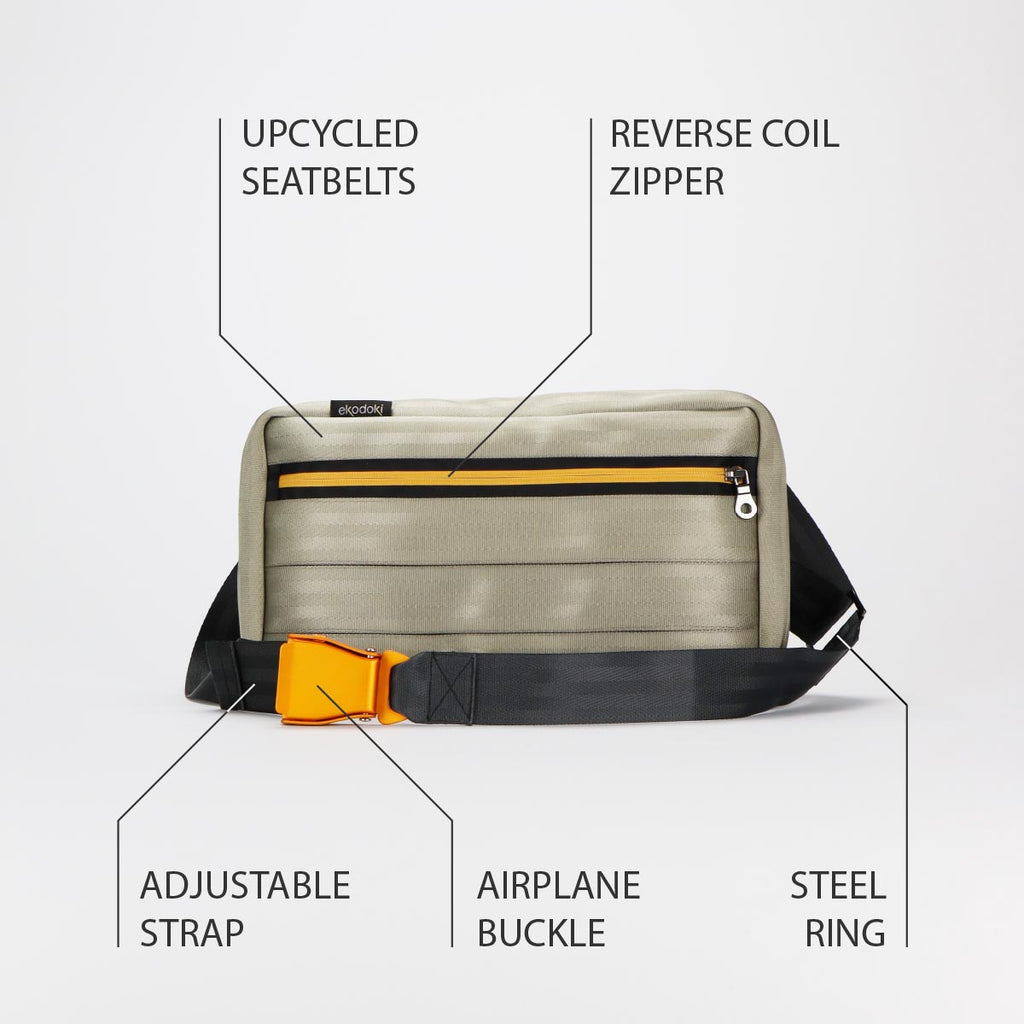 photograph of the outside of a silver sling bag size L from the RE-BELT collection by eKodoKi, overlaid with a list of its key features, version 2