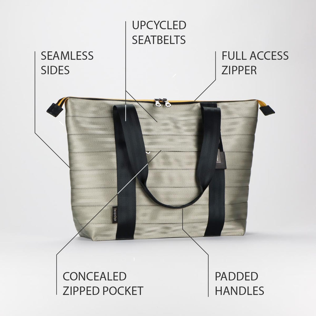 photograph of the outside of a silver tote bag size L from the RE-BELT collection by eKodoKi, overlaid with a list of its key features