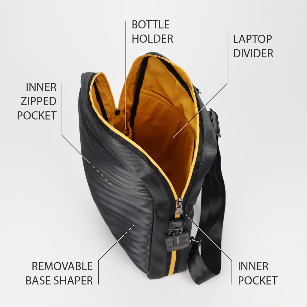 photograph of the inside of a black backpack size L from the RE-BELT collection by eKodoKi, overlaid with a list of its key features