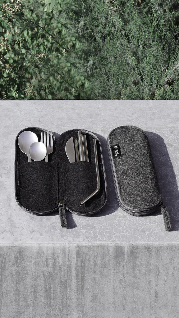 silver travel cutlery set from the brand eKodoKi, in its grey wool felt case, used as desktop banner