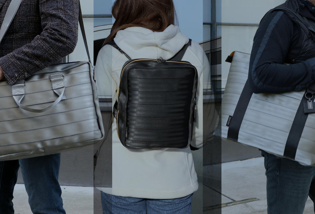 three seatbelt bags from the brand eKodoKi, worn by fashion models, and used as desktop banner for a winter sales