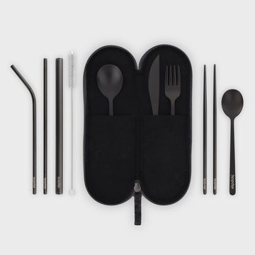 10 piece black cutlery set in grey wool felt soft case with black wool felt lining eKodoKi KITTO WOOLI