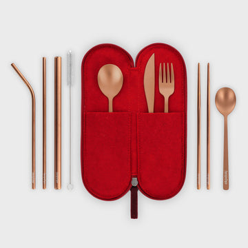10 piece rose gold cutlery set in dark red wool felt soft case with red wool felt lining eKodoKi KITTO WOOLI