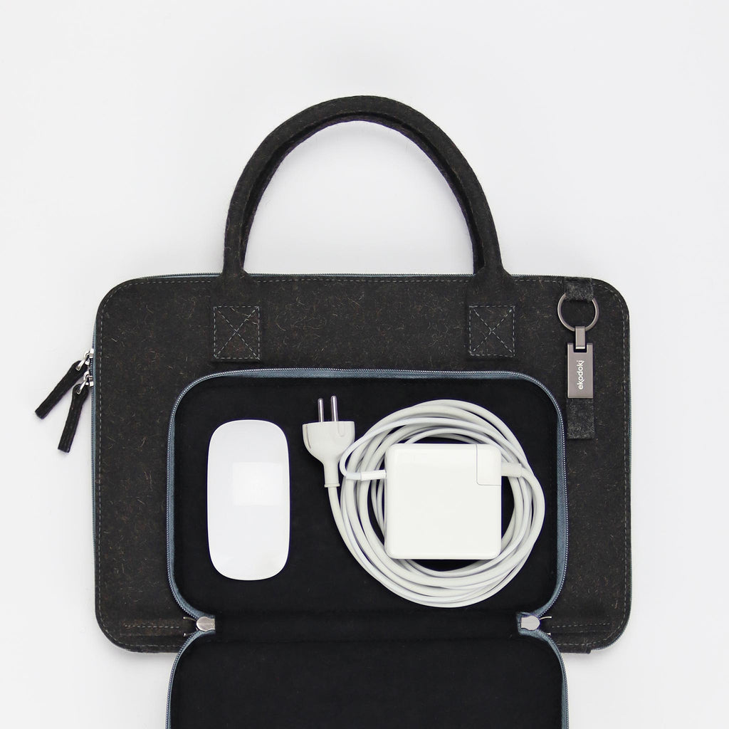 anthracite wool felt laptop bag 14 inch accessories compartment flatlay eKodoKi WOOLI