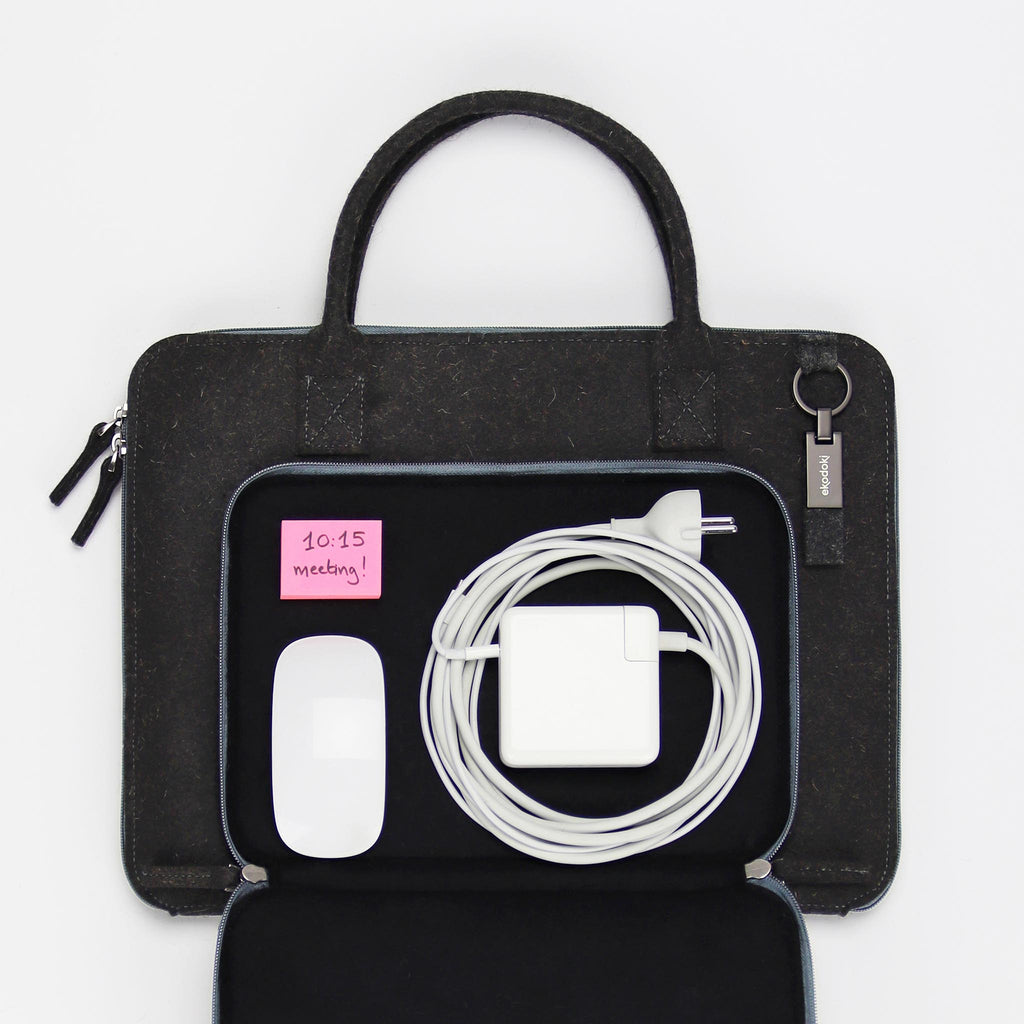 anthracite wool felt laptop bag 15 inch accessories compartment flatlay eKodoKi WOOLI