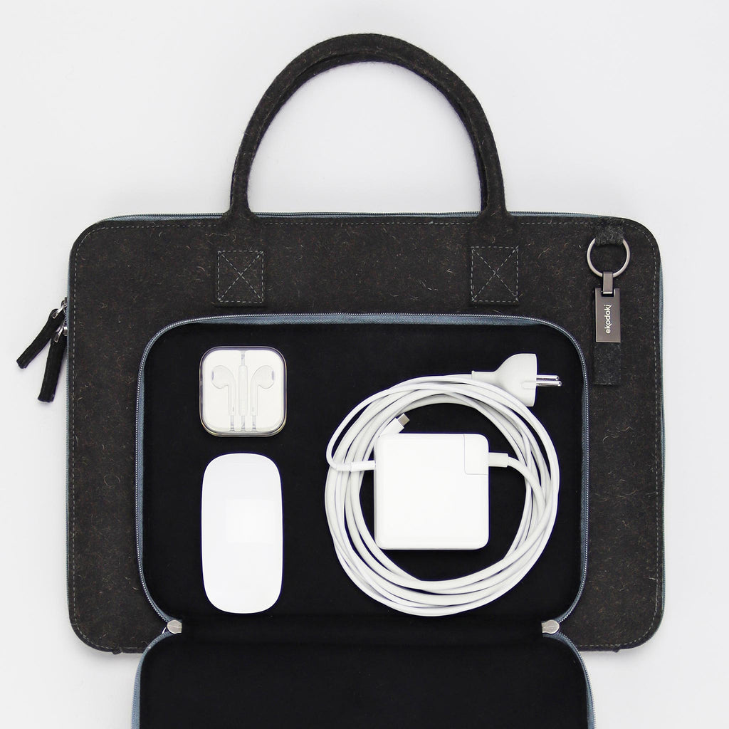 anthracite wool felt laptop bag 17 inch accessories compartment flatlay eKodoKi WOOLI