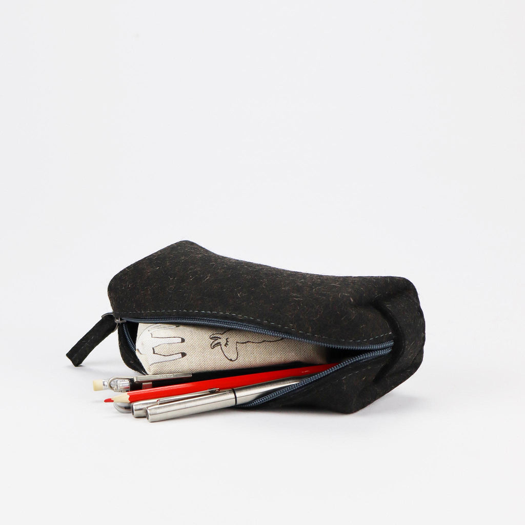anthracite wool felt zipper pencil case opened with stationery inside eKodoKi WOOLI