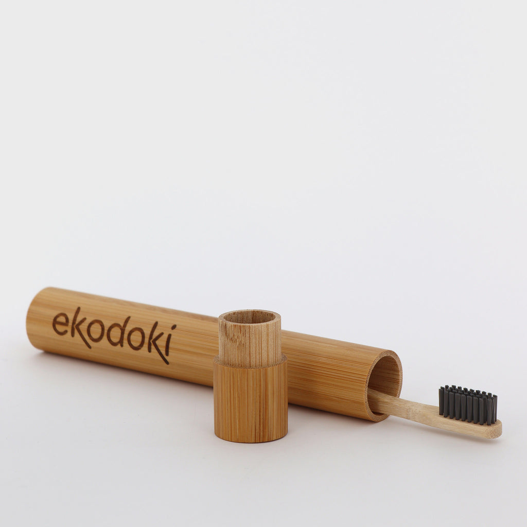 Bamboo Toothbrush in travel case grey bristles eKodoKi DENTO 