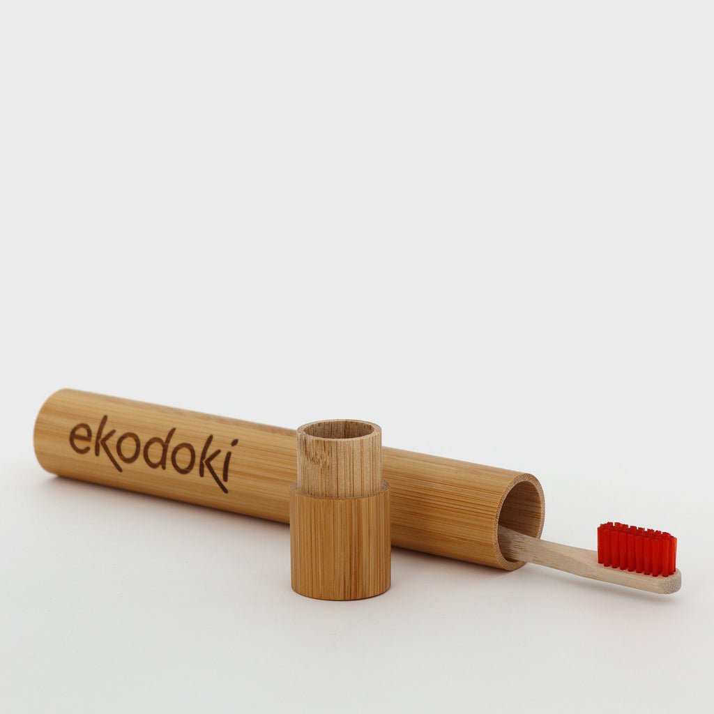 Bamboo Toothbrush in travel case red bristles eKodoKi DENTO 
