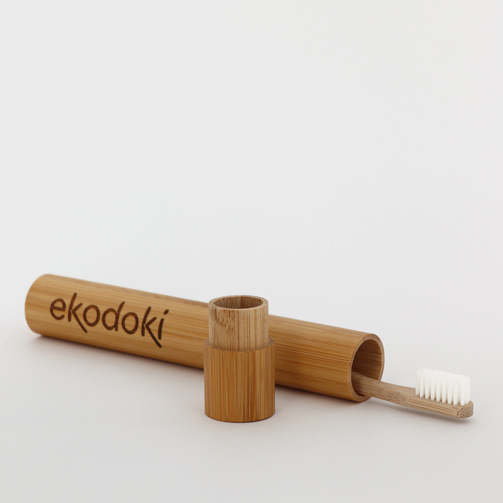 Bamboo Toothbrush in travel case white bristles eKodoKi DENTO 