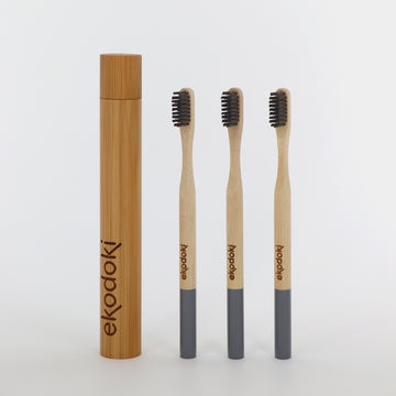 Bamboo Toothbrushes Set with travel case grey bristles eKodoKi DENTO 