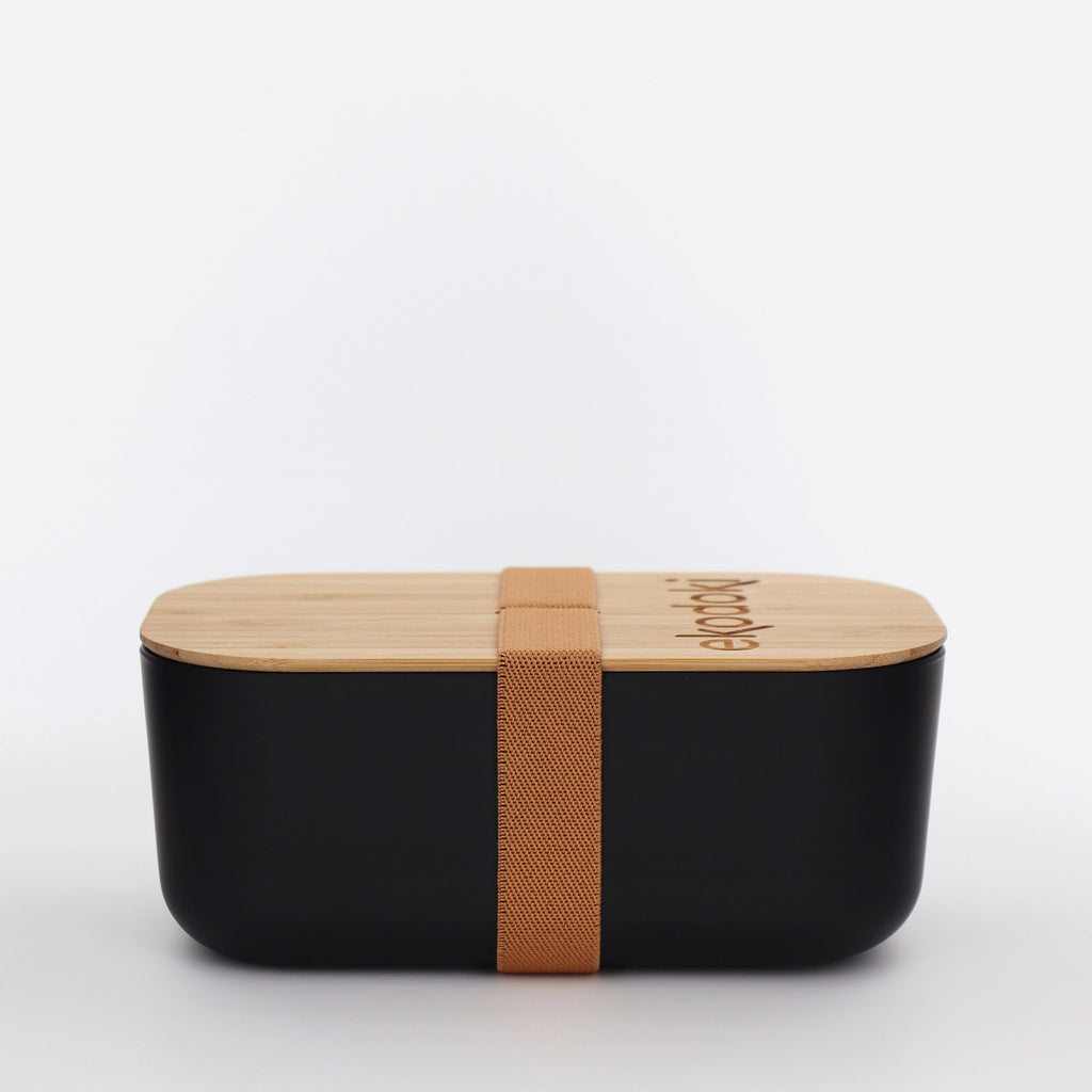 black lunchbox 1100ml 37oz with natural bamboo lid and built-in caramel elastic fabric strap eKodoKi BENTO