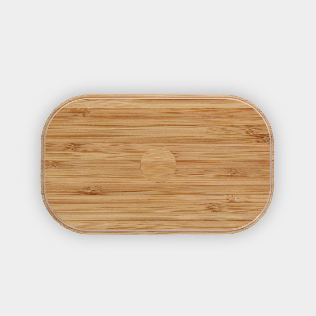 black lunchbox 1100ml 37oz inner side of natural bamboo lid showing its silicone rim airtight closure flatlay eKodoKi BENTO