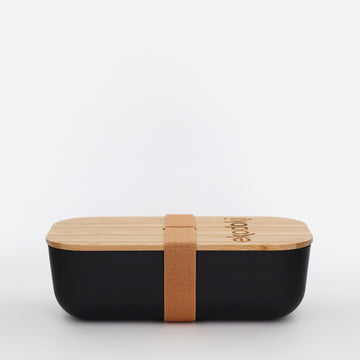 black lunchbox 700ml 24oz with natural bamboo lid and built-in caramel elastic fabric strap eKodoKi BENTO