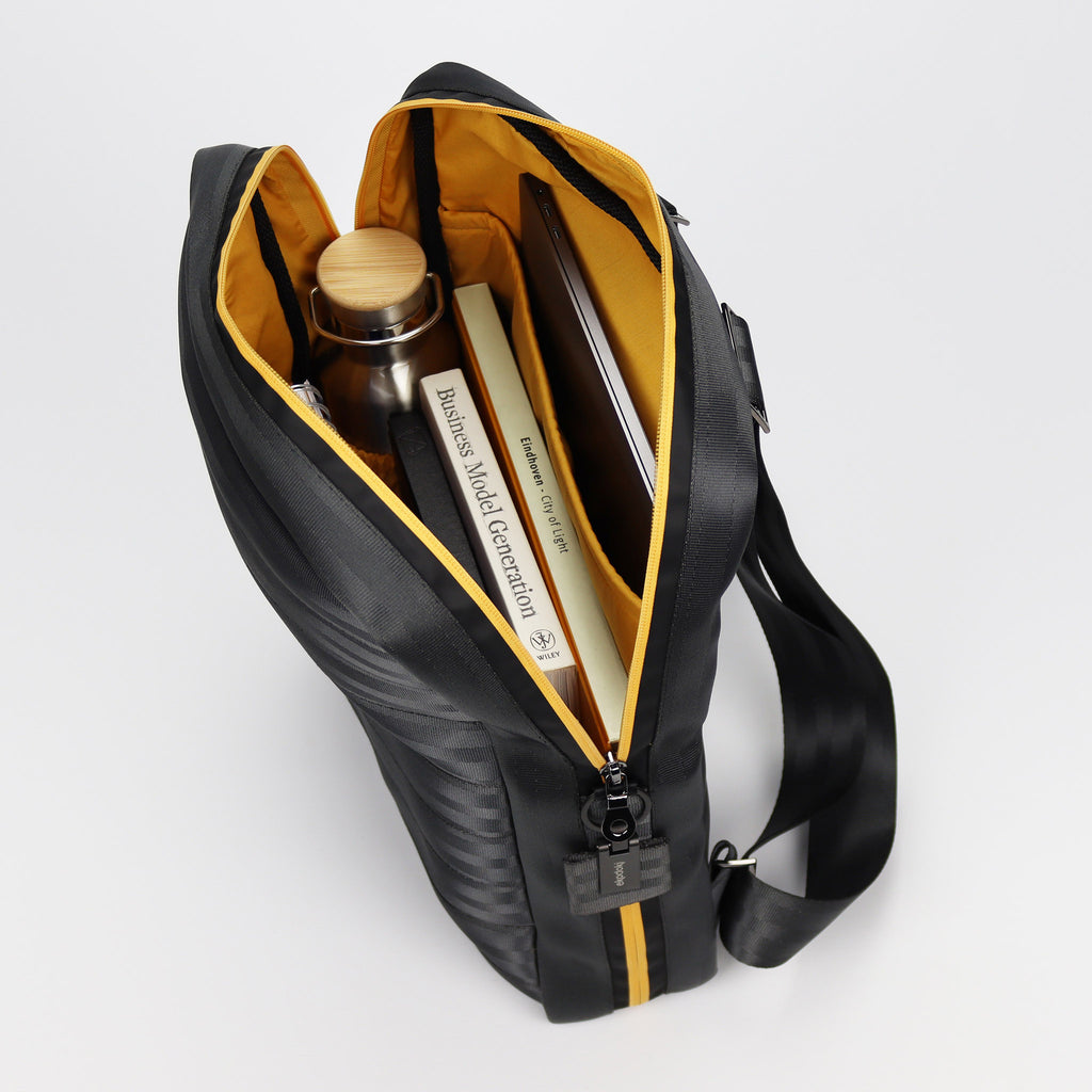 black seatbelt backpack L inside with bottle and documents eKodoKi RE-BELT