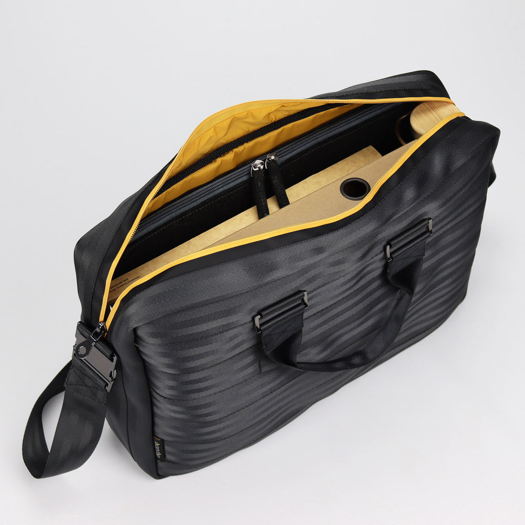 black seatbelt briefcase L inside with bottle and documents eKodoKi RE-BELT