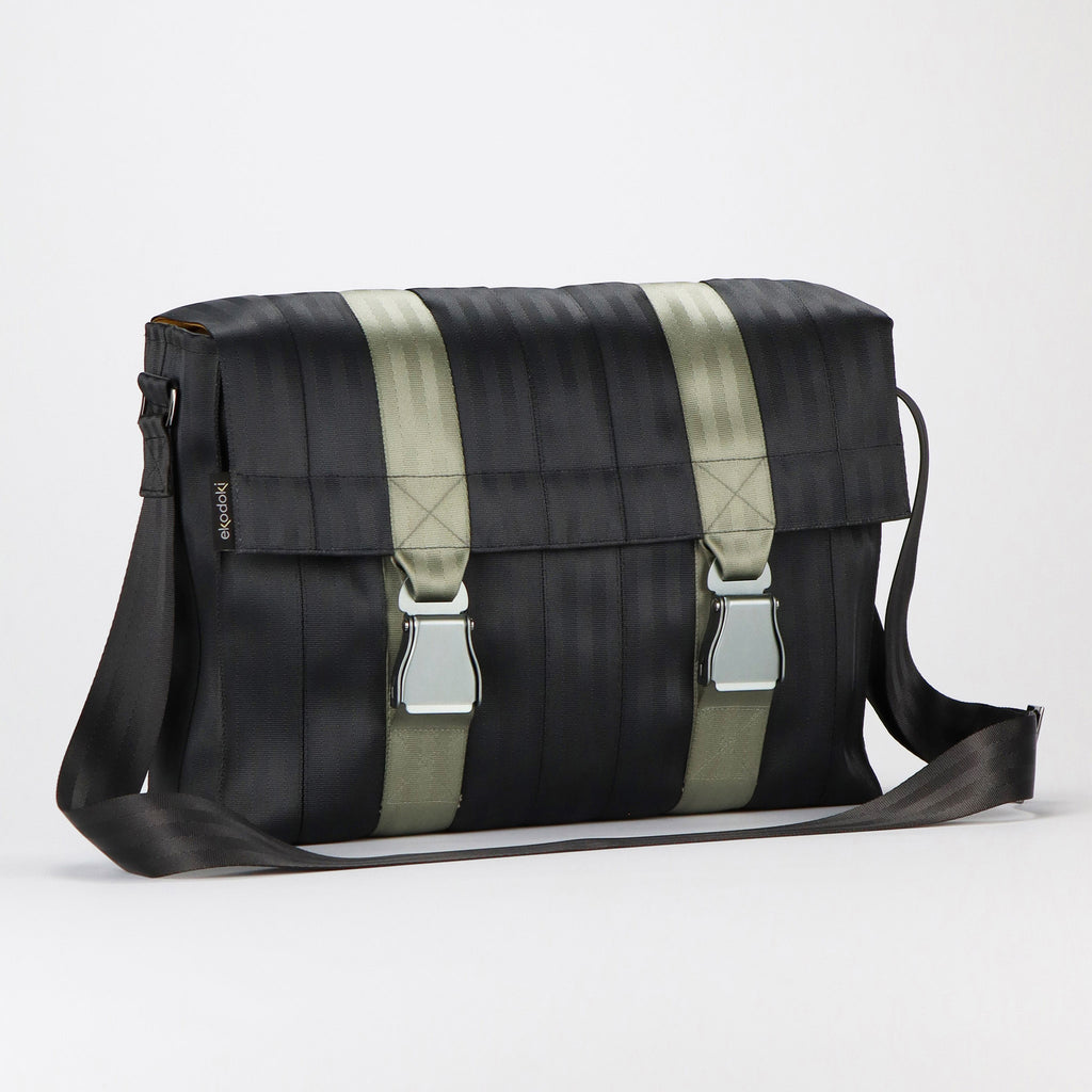 black seatbelt messenger bag L front featuring light grey buckles eKodoKi RE-BELT
