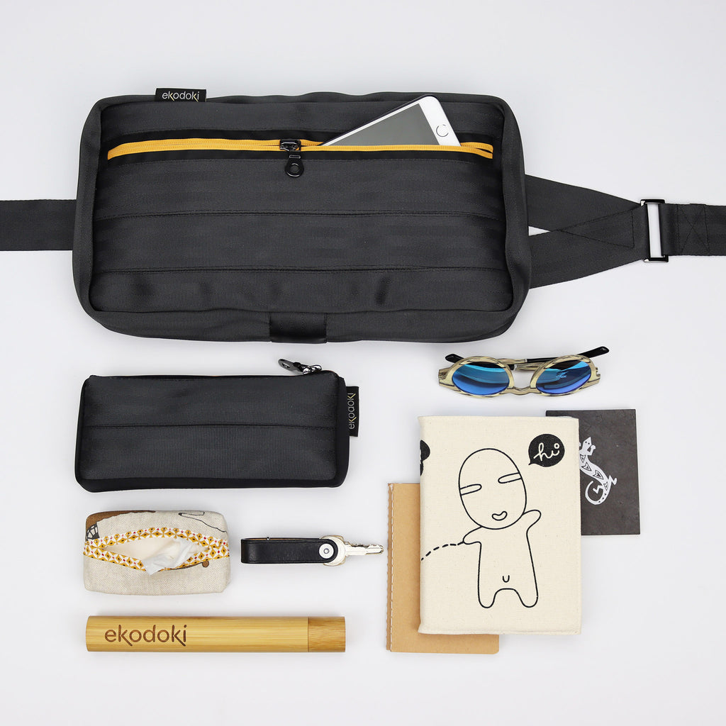 black seatbelt sling bag L belongings flatlay eKodoKi RE-BELT