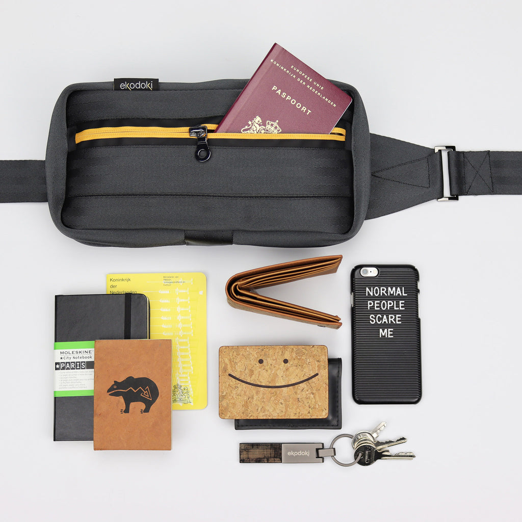black seatbelt sling bag M belongings flatlay eKodoKi RE-BELT