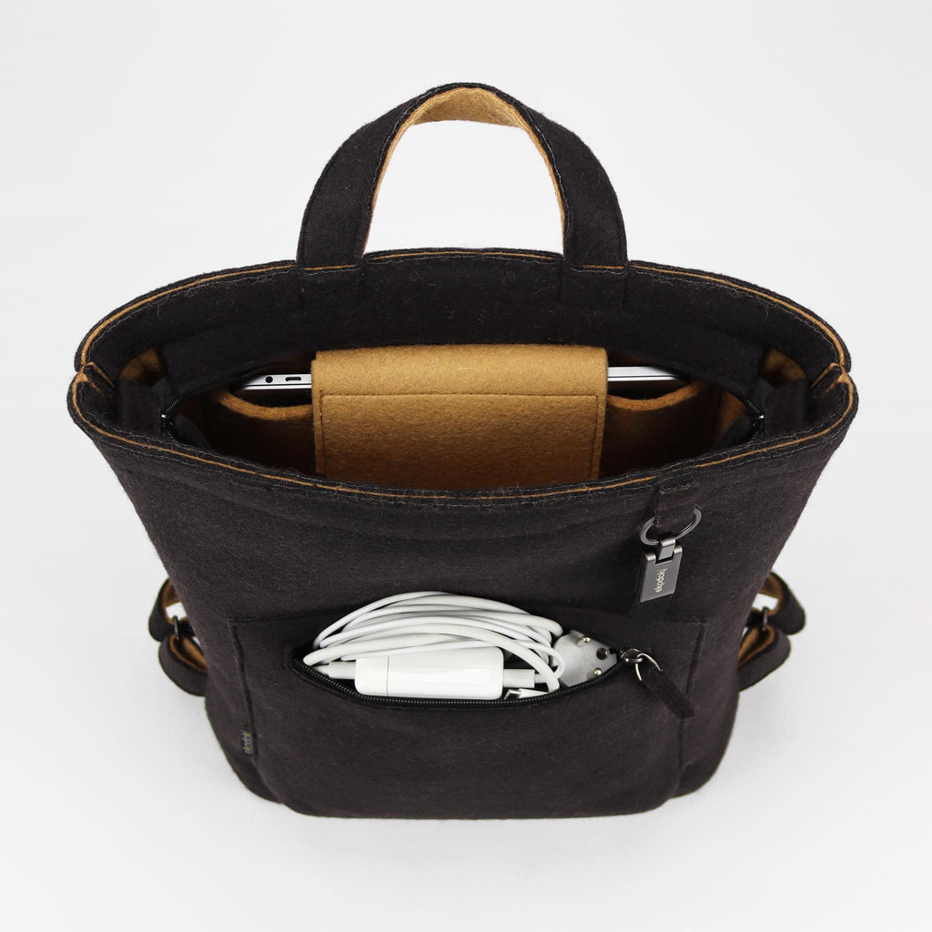 black wool felt courier backpack top and front pocket opened eKodoKi WOOLI