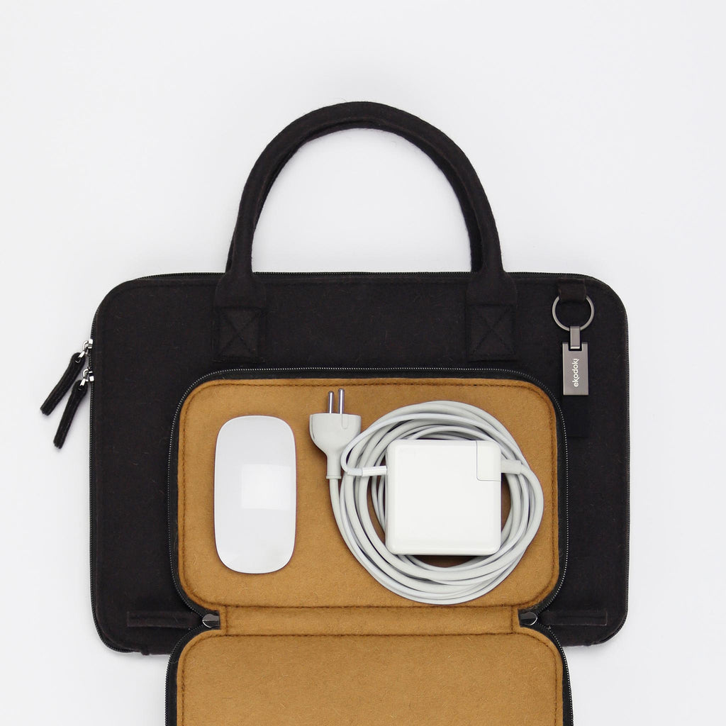 black wool felt laptop bag 14 inch accessories compartment flatlay eKodoKi WOOLI