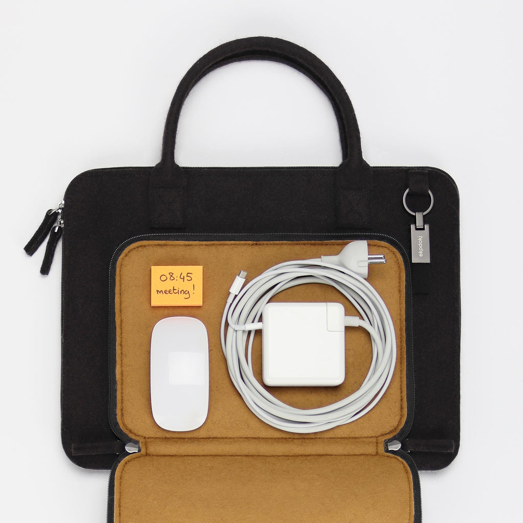 black wool felt laptop bag 15 inch accessories compartment flatlay eKodoKi WOOLI