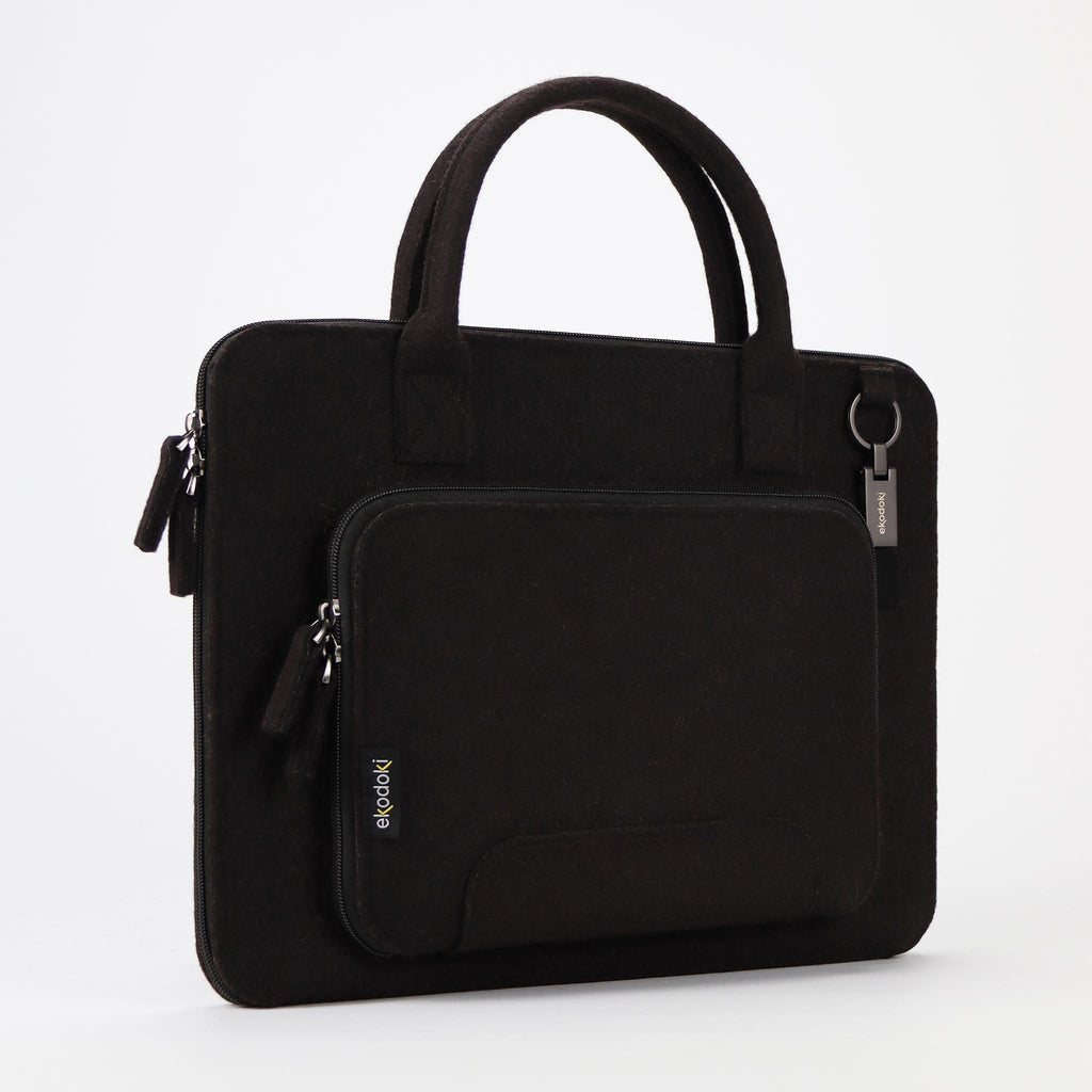 black wool felt laptop bag 15 inch standing front eKodoKi WOOLI