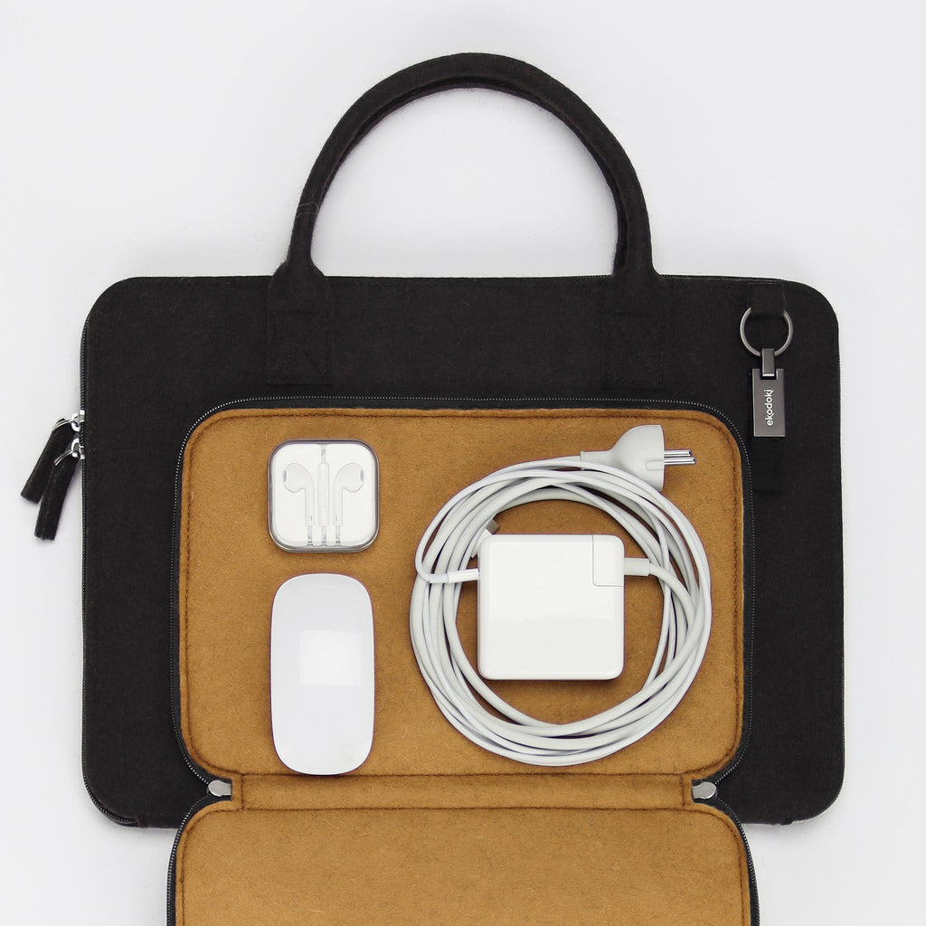 black wool felt laptop bag 17 inch accessories compartment flatlay eKodoKi WOOLI