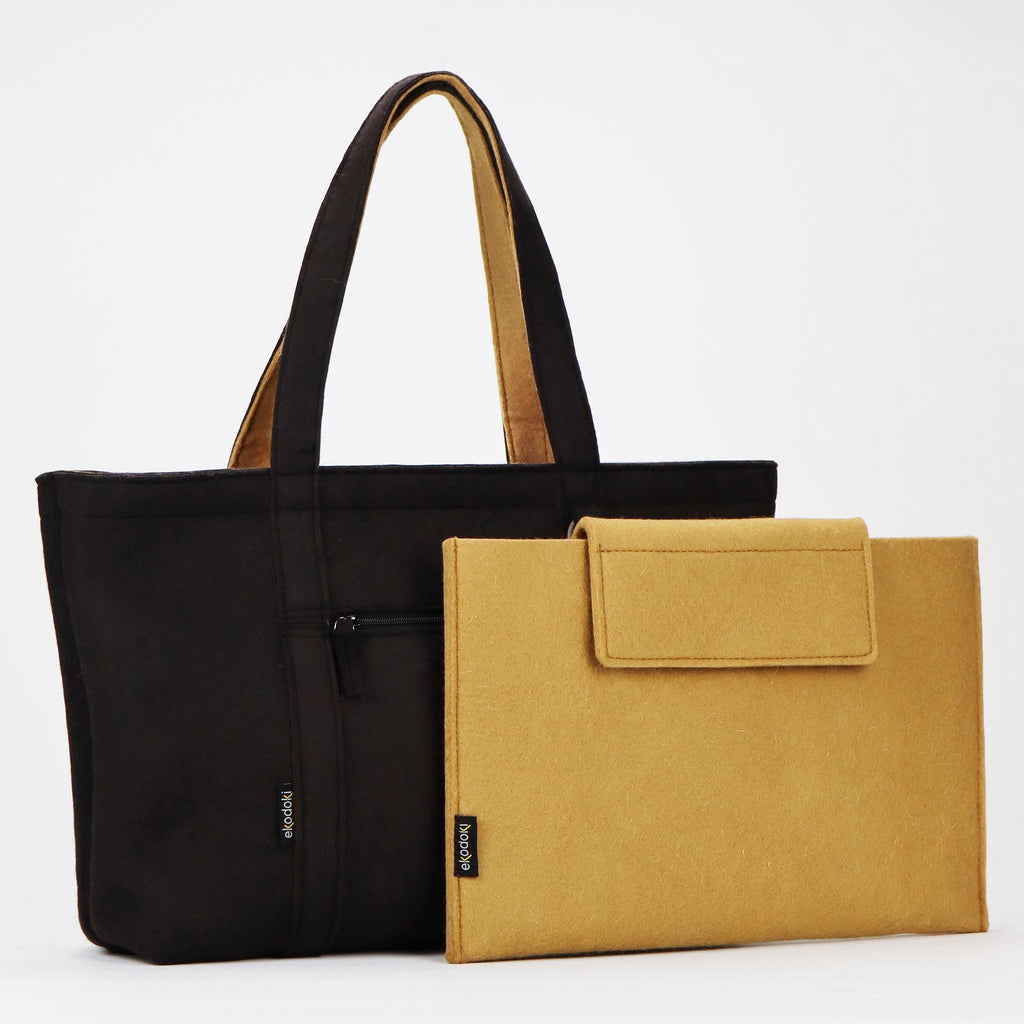 black wool felt tote bag L and its removable caramel wool felt laptop sleeve eKodoKi WOOLI