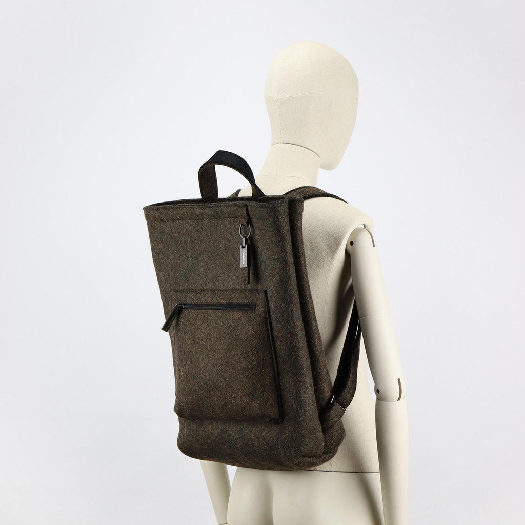 brown wool felt courier backpack on female mannequin shoulders eKodoKi WOOLI