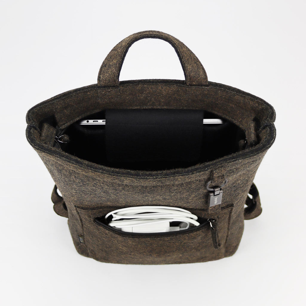 brown wool felt courier backpack top and front pocket opened eKodoKi WOOLI