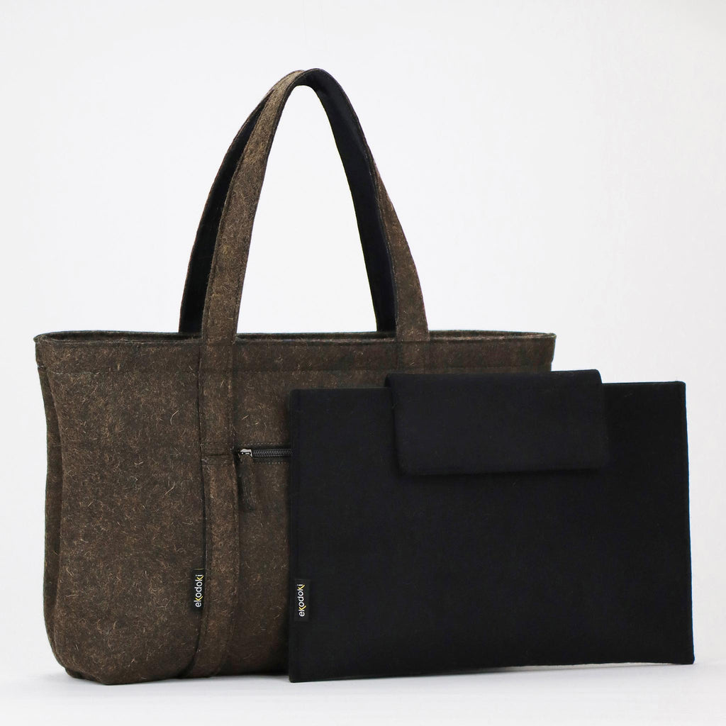 brown wool felt tote bag L and its removable black wool felt laptop sleeve eKodoKi WOOLI
