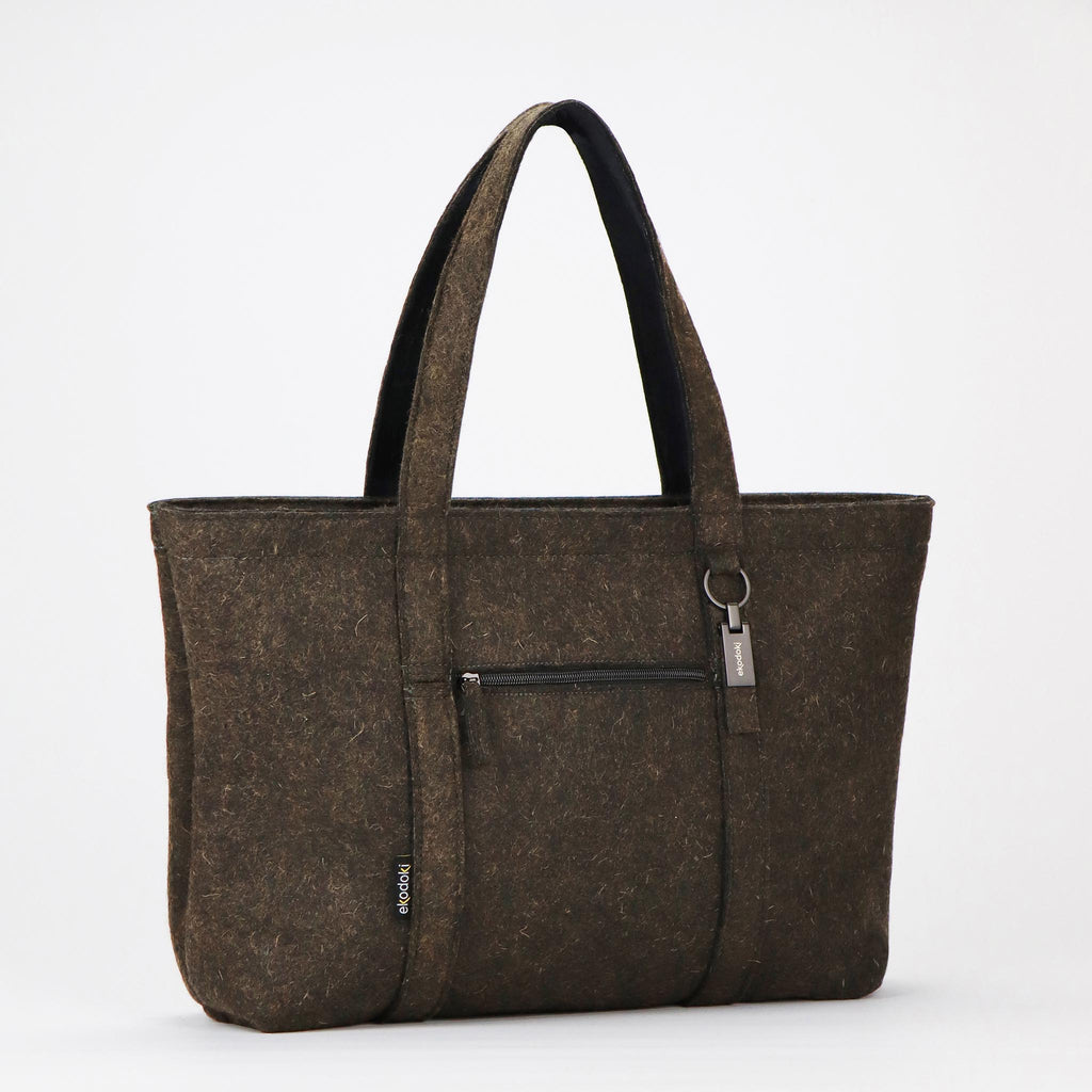 brown wool felt tote bag L front handles up eKodoKi WOOLI