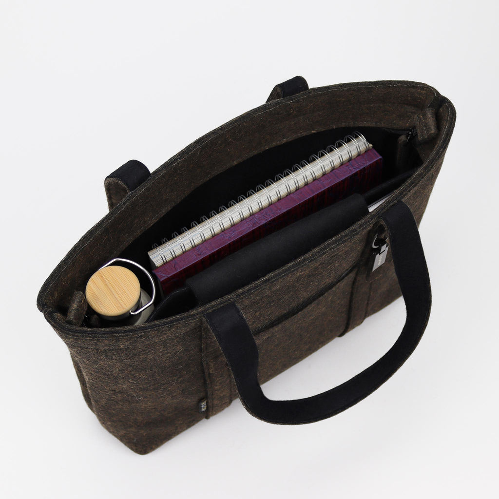 brown wool felt tote bag L inside with bottle and documents eKodoKi WOOLI