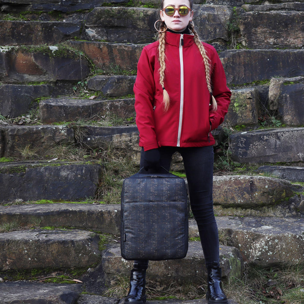 cork backpack L black washed pattern in female fashion model hand standing eKodoKi KWORK