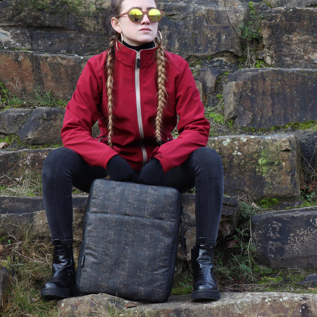 cork backpack L black washed pattern in female fashion model hands sitting eKodoKi KWORK