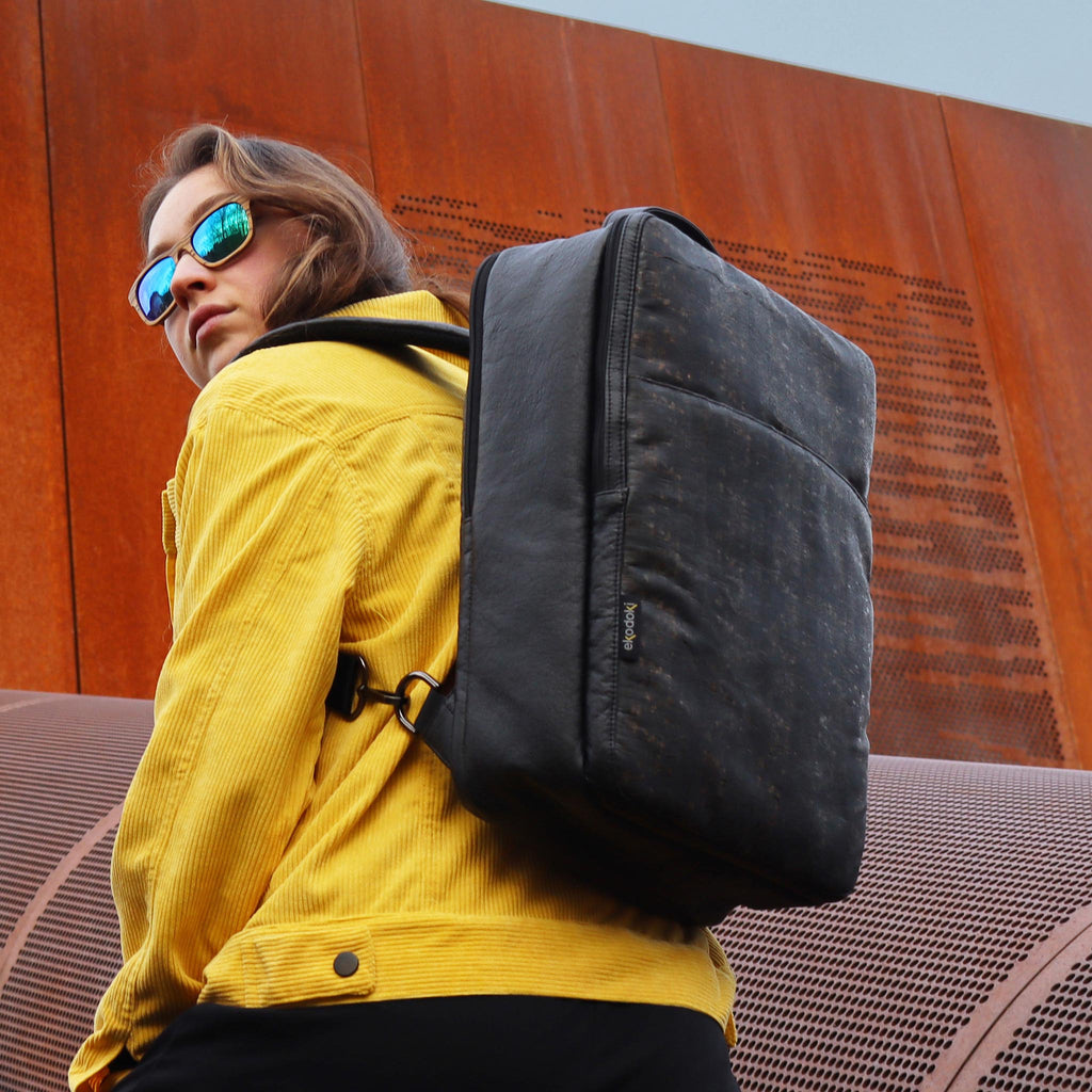 cork backpack L black washed pattern on female fashion model shoulders eKodoKi KWORK