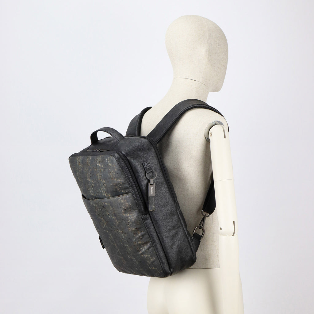 cork backpack L black washed pattern on male mannequin shoulders eKodoKi KWORK