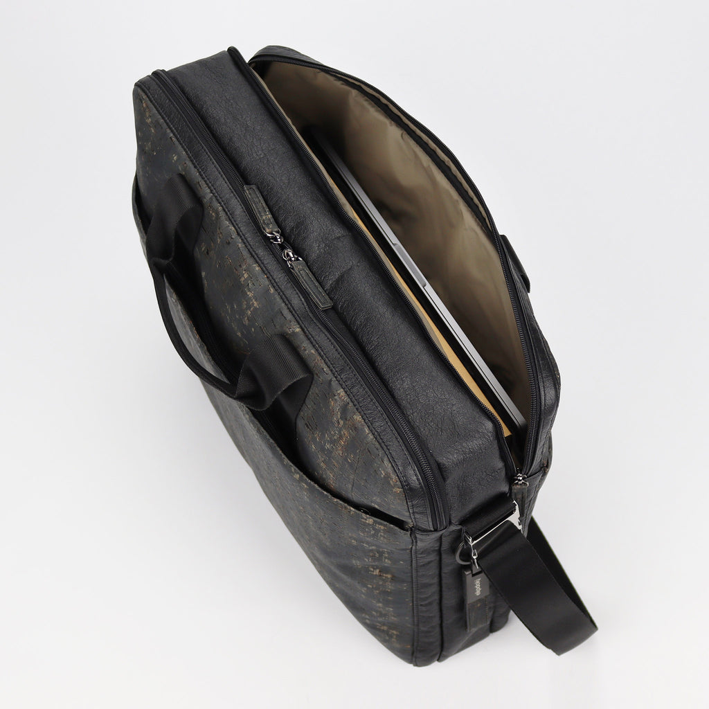 cork briefcase L black washed pattern laptop compartment filled eKodoKi KWORK