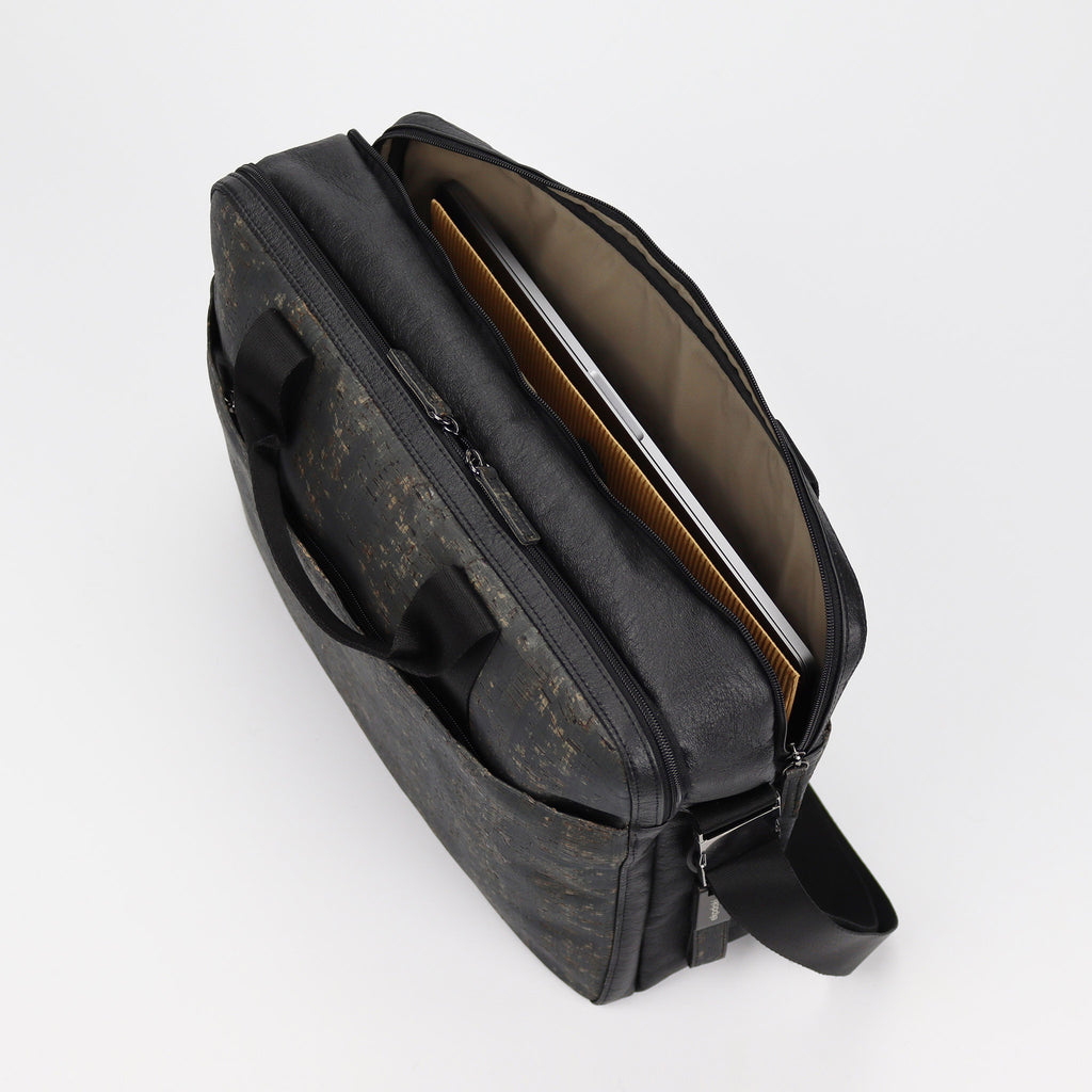 cork briefcase M black washed pattern laptop compartment filled eKodoKi KWORK