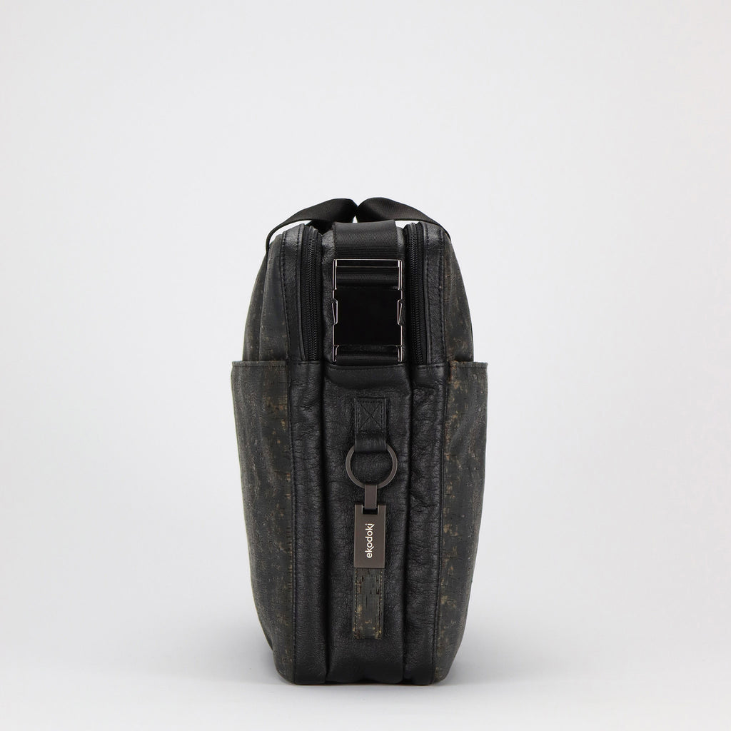 cork briefcase M black washed pattern right side with branded keyring eKodoKi KWORK
