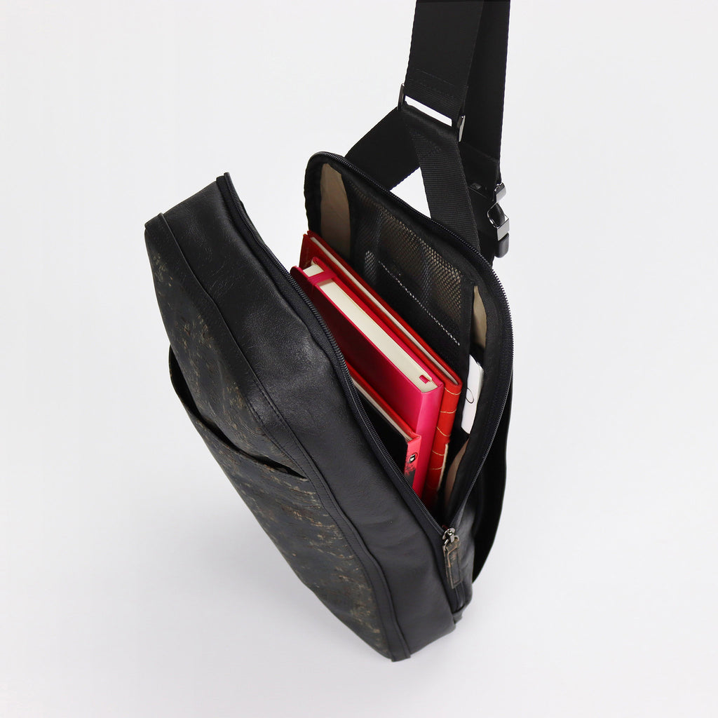 cork sling bag L black washed inside main compartment eKodoKi KWORK