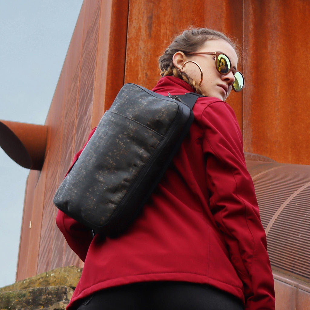 cork sling bag L black washed on female fashion model back eKodoKi KWORK