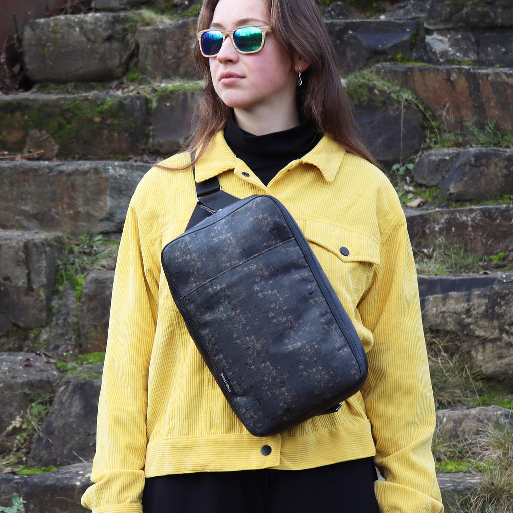 cork sling bag L black washed on female fashion model chest eKodoKi KWORK