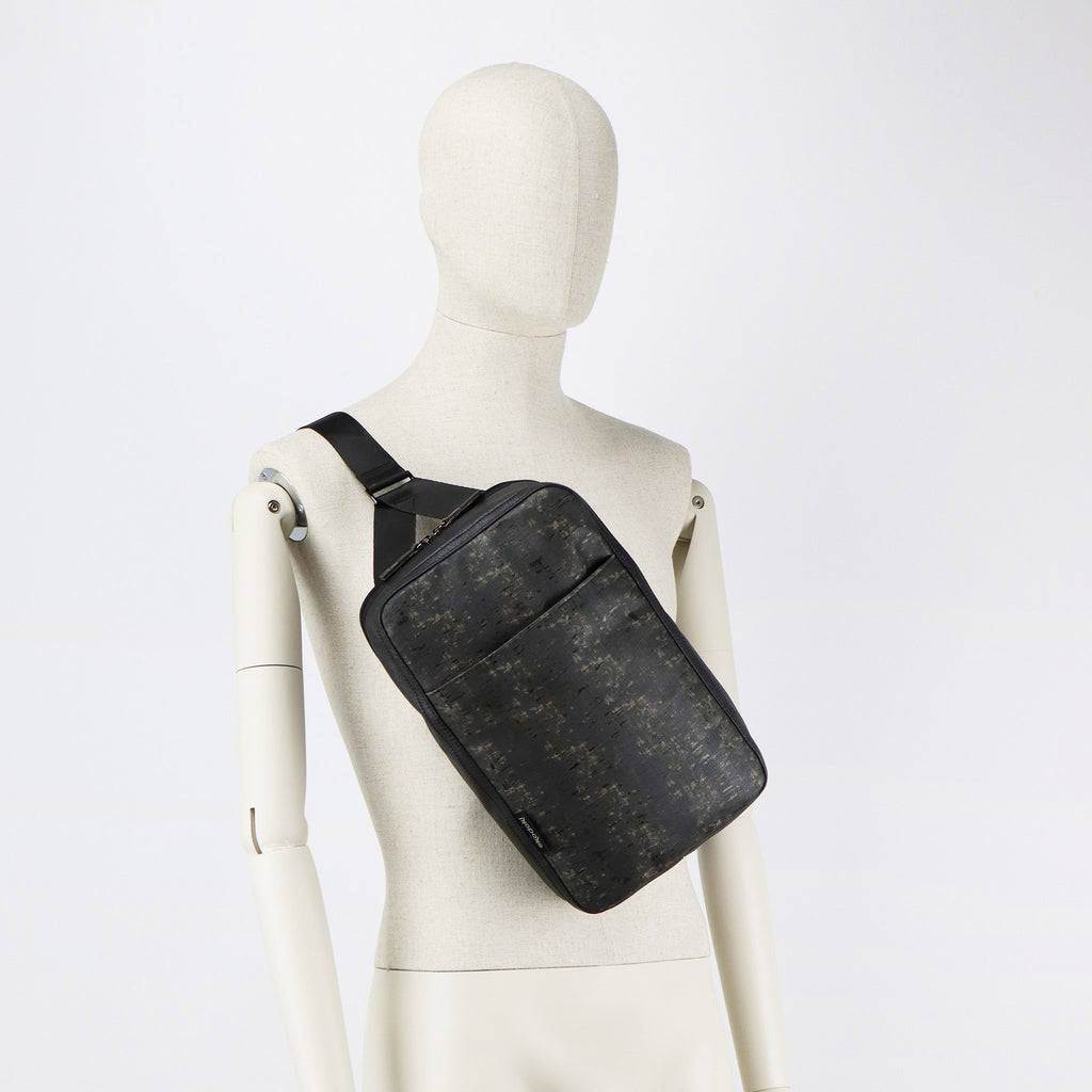 cork sling bag L black washed on male mannequin chest eKodoKi KWORK