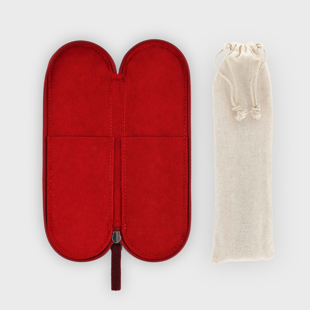 dark red wool felt cutlery case opened next to cotton canvas pouch flatlay eKodoKi WOOLI